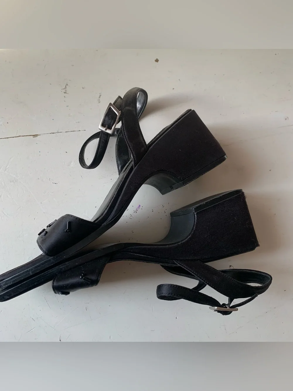 Vintage 90s Black Satin Square Toe Heels Sandals
